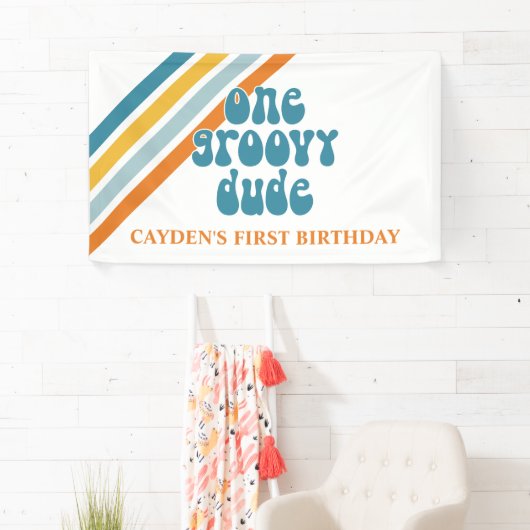 Groovy One Retro Stripes Boy verjaardagstanner Spandoek (Insitu)