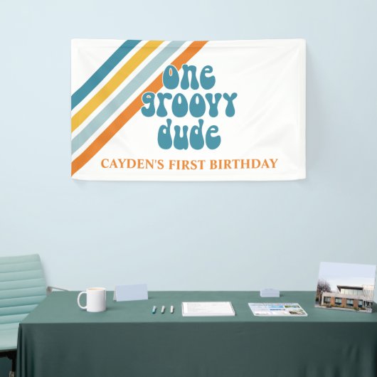 Groovy One Retro Stripes Boy verjaardagstanner Spandoek (Beurs)