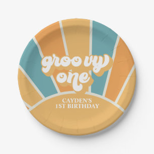 Groovy One Retro Sunshine Boy First Birthday Papieren Bordje