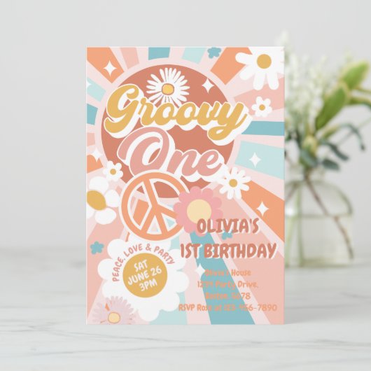 Groovy One Retro Sunshine Daisy Boho 1e Verjaardag Kaart (Staand voorkant)