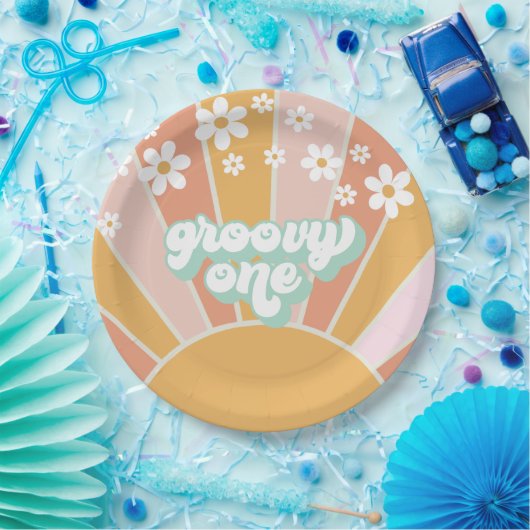 Groovy One Retro Sunshine daisy boho Papieren Bordje (Feest)