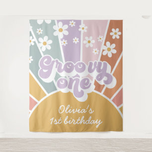 Groovy One Retro Sunshine Rainbow Daisy Wandkleed