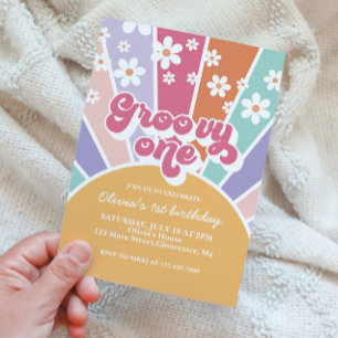 Groovy One Sunshine Regenboog Madelief Uitnodiging