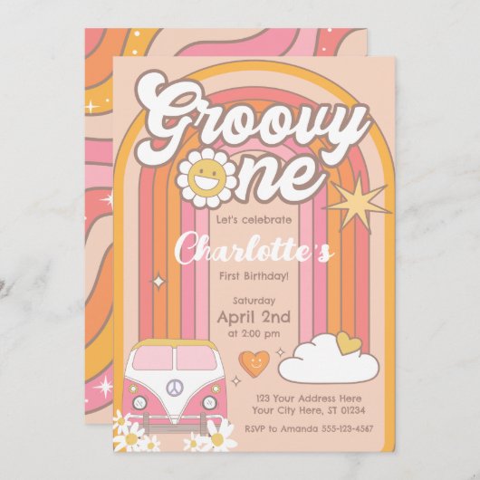 Groovy One uitnodiging, Groovy 1e verjaardag Kaart (Voorkant / Achterkant)