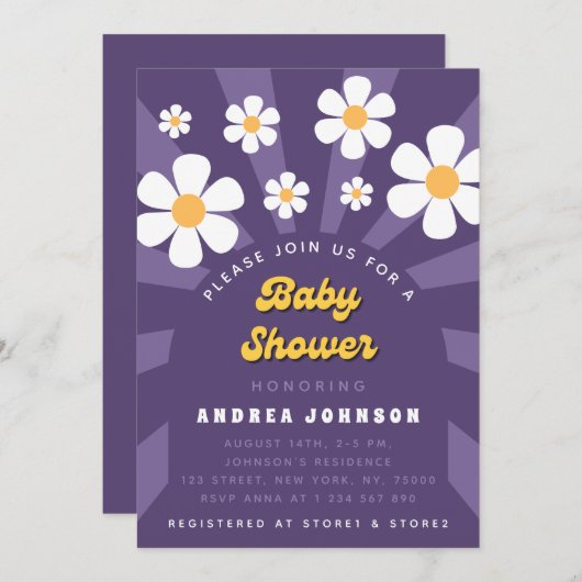 Groovy Paars Retro Hippie 70-jaren Daisy Baby show Kaart (Voorkant / Achterkant)