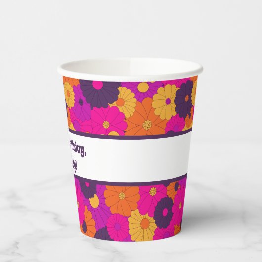 Groovy Paarse en Roze Hippie Flower Power Papieren Bekers (Links)