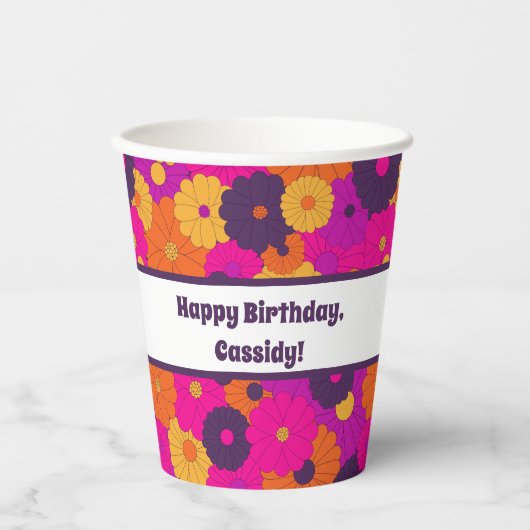 Groovy Paarse en Roze Hippie Flower Power Papieren Bekers (Voorkant)