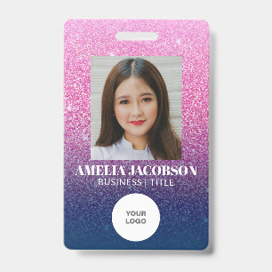 Groovy Paarse Glitter Werknemer Foto ID Logo Badge