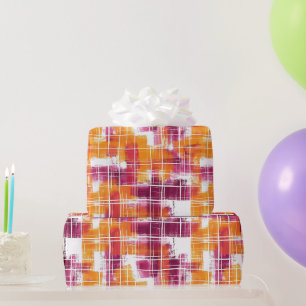 Groovy Paarse Oranje Geruit Strepen Verjaardag Cadeaupapier