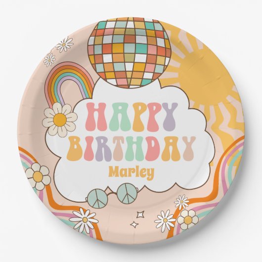 Groovy Party Retro Hippie 70s Regenboog Verjaardag Papieren Bordje (Voorkant)
