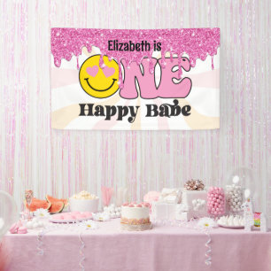 Groovy Peach Pink One Happy Babe Verjaardagsbanner Spandoek