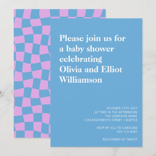 Groovy Periwinkle Checkerboard Baby shower Kaart (Voorkant / Achterkant)