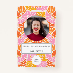 Groovy Pink Boho Floral Unique Employee Photo ID Badge