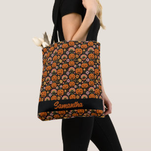 Groovy Pompoen en Regenboog Halloween Bloemen Draagtas