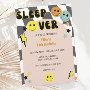 Groovy Preppy Y2K Happy Face Sleep Over Verjaardag Kaart