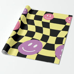 Groovy psychedelische Retro Smiley Checkerboard, Cadeaupapier