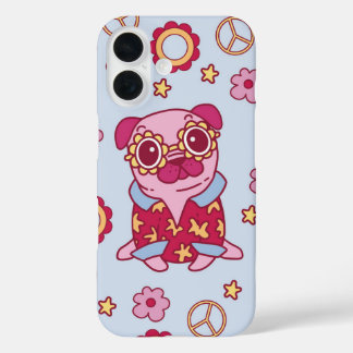 Groovy Pug Vibes Retro Vrede en bloemen iPhone 16 Hoesje