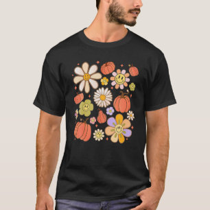 Groovy Pumpkin Daisy Flower Smile Face Herfst Beda T-shirt