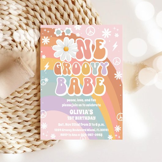 Groovy Rainbow 1st Birthday Invitation
