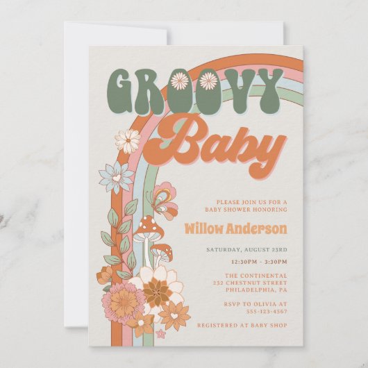 Groovy Rainbow Baby shower nodigt Retro uit Kaart (Voorkant)