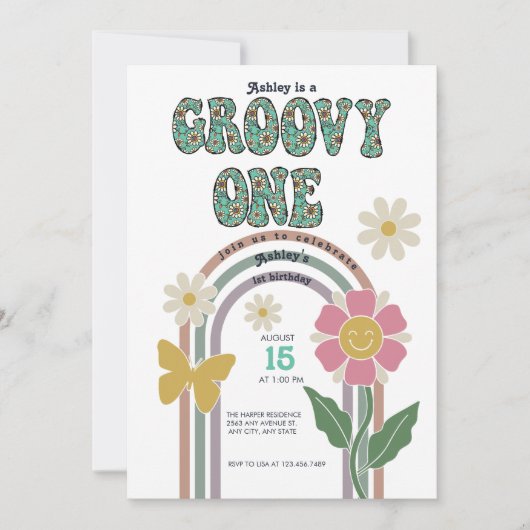 Groovy Rainbow | Cartes d'invitation pour 1er anni (Devant)