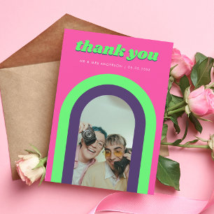 Groovy Regenboog Arch Hot Roze & Groen Retro bruil Bedankkaart