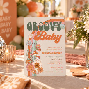 Groovy Regenboog Baby Shower Uitnodiging Retro