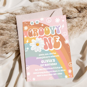 Groovy Regenboog Eerste Verjaardagsuitnodiging Kaart