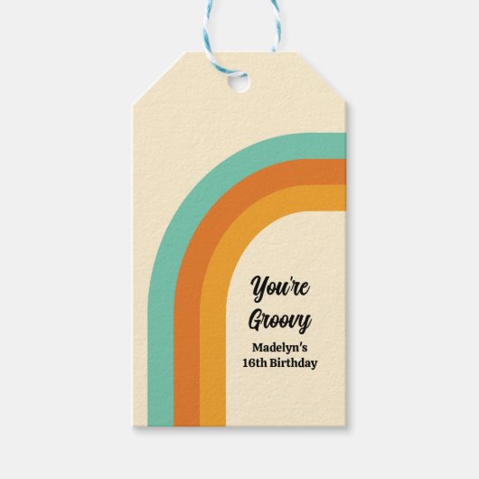 Groovy Regenboog jaren 70 Stijl Turquoise & Sinaas Cadeaulabel (Voorkant)