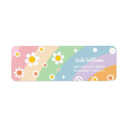 Groovy Regenboog Retro Daisy Verjaardagsfeest Etiket (Voorkant)