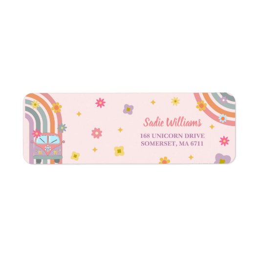 Groovy Regenboog Retro Daisy Verjaardagsfeest Etiket (Voorkant)