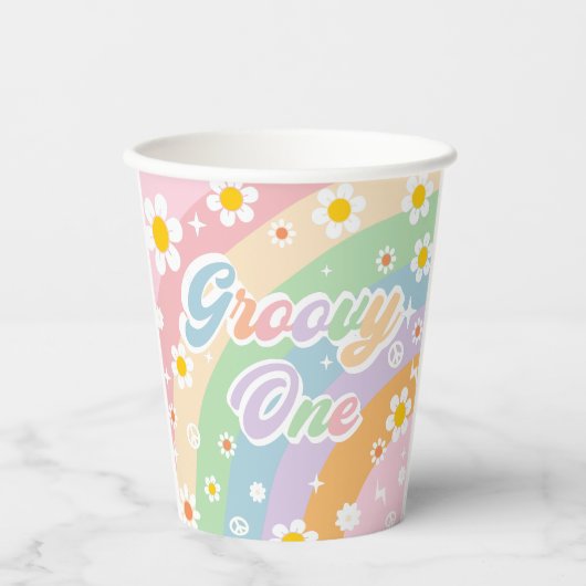 Groovy Regenboog Retro Daisy Verjaardagsfeest Papieren Bekers (Voorkant)