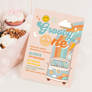 Groovy Retro 1e Verjaardagsuitnodiging Kaart