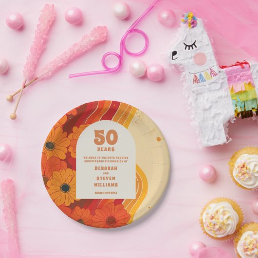 Groovy Retro 50e bruiloft Jubileum Welkomstbord Papieren Bordje (Feest)