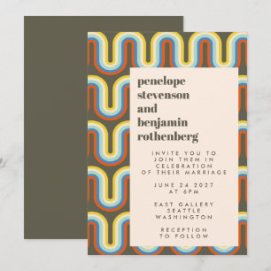 Groovy Retro 60s 70s Line Art Olive Green Wedding Kaart