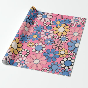 Groovy Retro 60s 70s Roze Bloempatroon Cadeaupapier