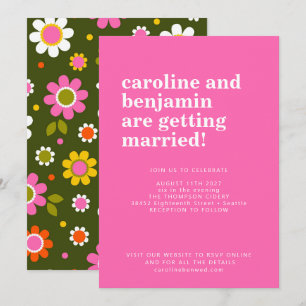 Groovy Retro 60s Flowers Bright Pink Bold Wedding Kaart