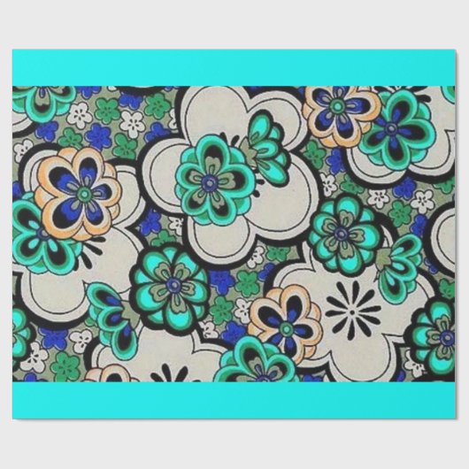 Groovy Retro 70s Abstracte bloemen Blauwgroen blau Cadeaupapier (Vlak)