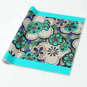 Groovy Retro 70s Abstracte bloemen Blauwgroen blau Cadeaupapier (Uitgerold)