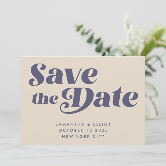 Groovy Retro 70s Beige Navy Blue Simple Save The Date (Staand voorkant)
