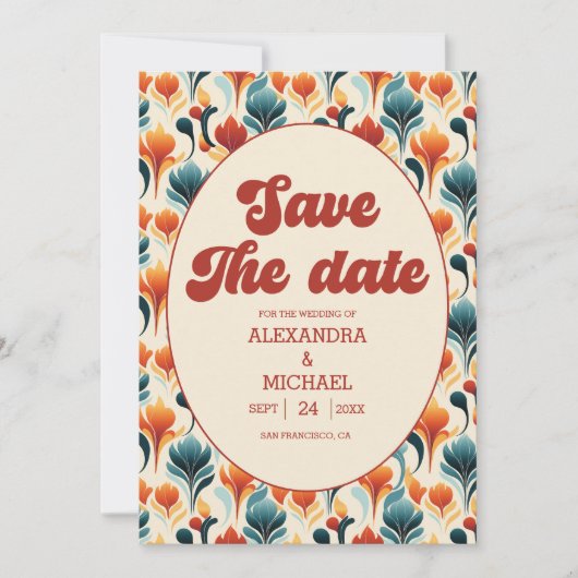 Groovy Retro 70s Bloemenbruiloft Save The Date (Voorkant)