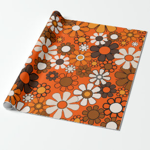 Groovy Retro 70s Bloemenpatroon  Sinaasappel Cadeaupapier
