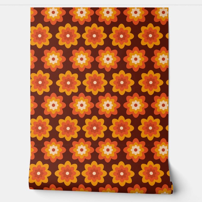 Groovy Retro 70s Boho Hippie Oranje Bloempatroon Behang (Afrollen)