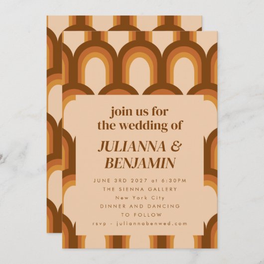 Groovy Retro 70s Bruin Unieke Wedding RSVP Website Kaart (Voorkant / Achterkant)