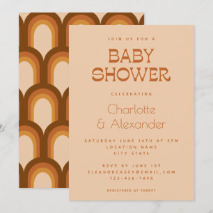 Groovy Retro 70s Design Brown Couples Baby shower Kaart