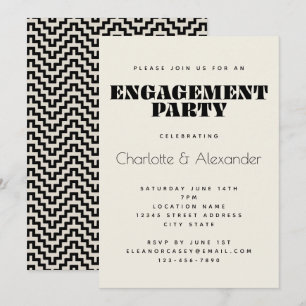 Groovy Retro 70s Design in Black Engagement Party Kaart