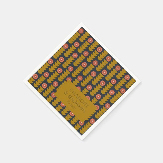Groovy Retro 70s Floral Gold Blue Custom Wedding Servet (Hoek)