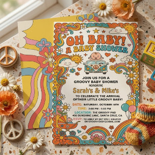 Groovy Retro 70s Hippie Madeliefjes Bus Baby Showe Kaart