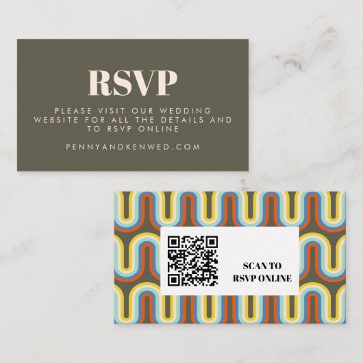 Groovy Retro 70s Olive Wedding Website QR Code Informatiekaartje (Voorkant / Achterkant)