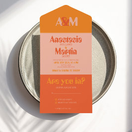 Groovy Retro 70s Perzik Sinaasappel Bold Bruiloft All In One Uitnodiging